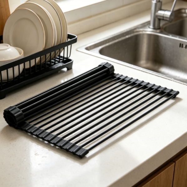 Roll Up Silicone Over Sink Drying Mat, Black, Non Slip, Rust Resistant